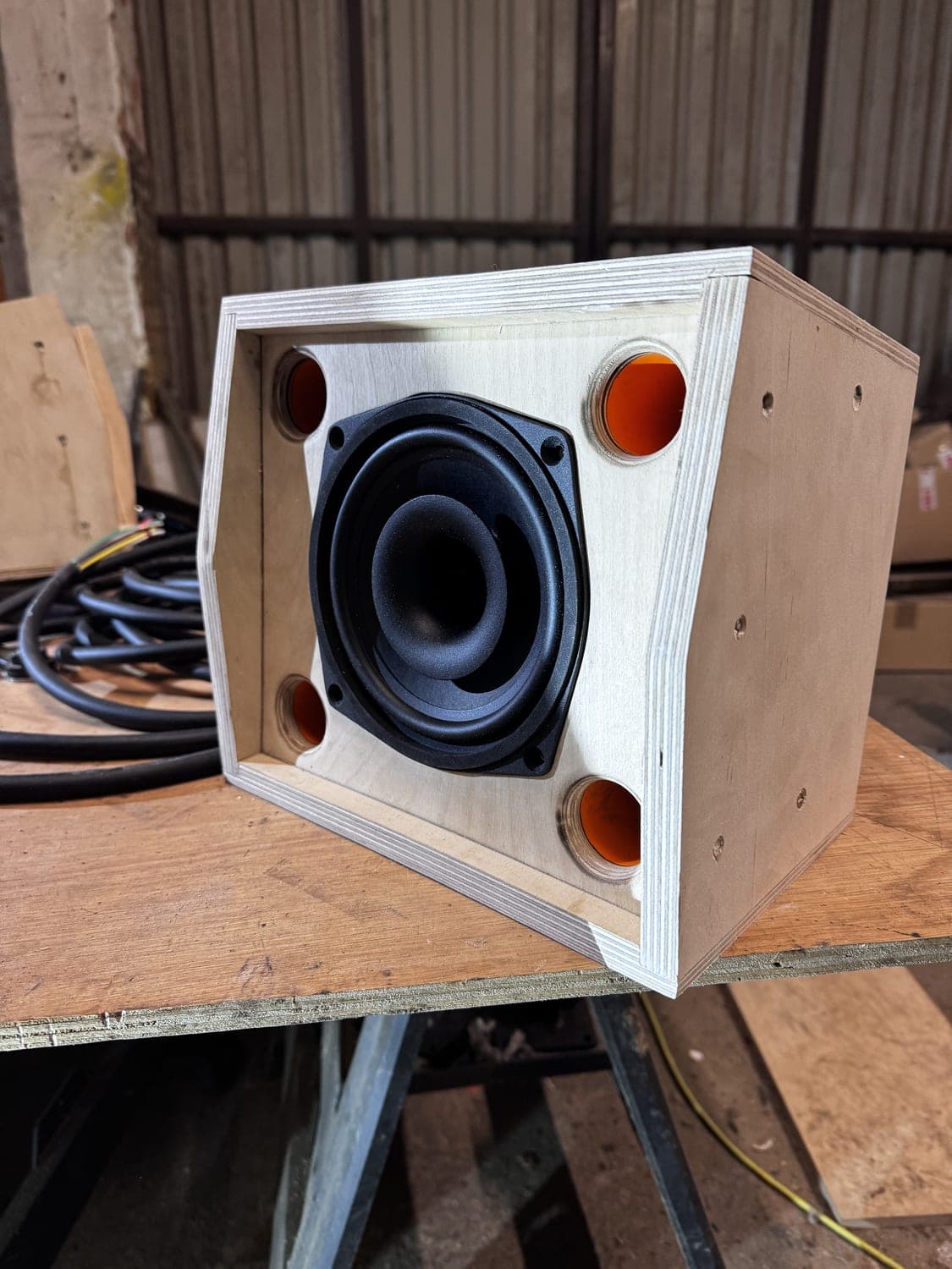 Raw Baltic birch booth monitor cabinet with coaxial driver and quad ports