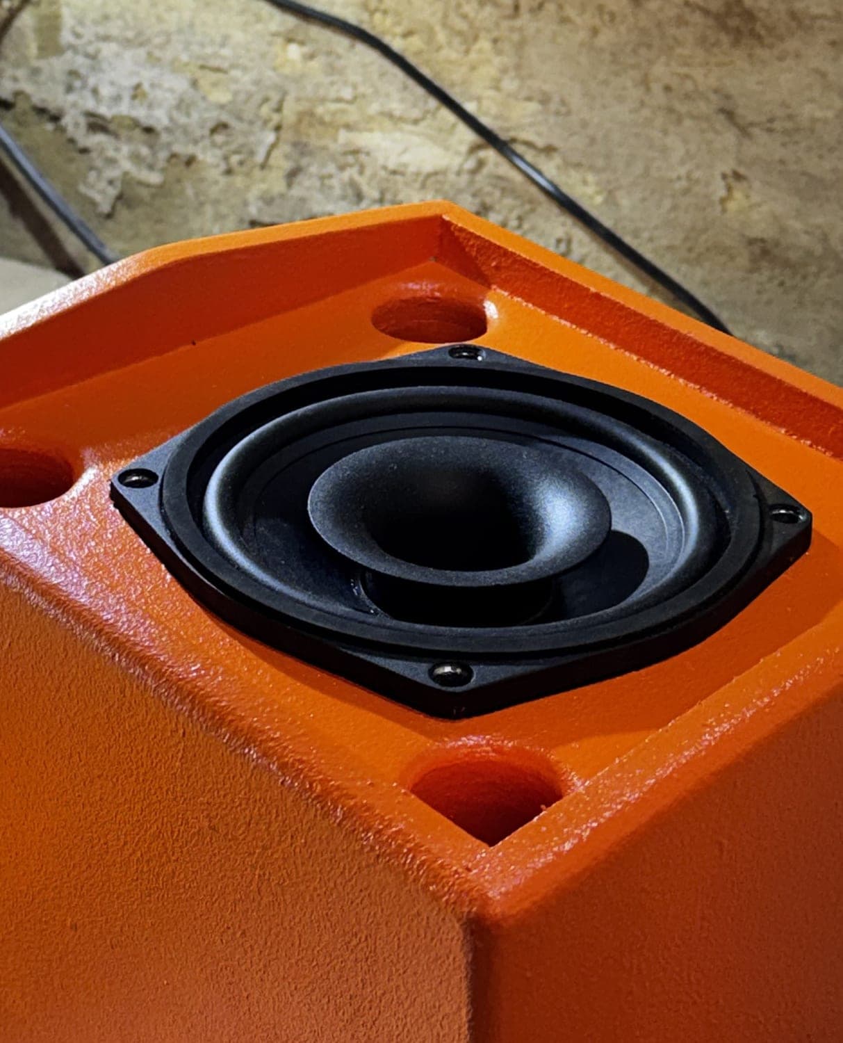 Finished booth monitor in Darkroom orange, coaxial driver close-up